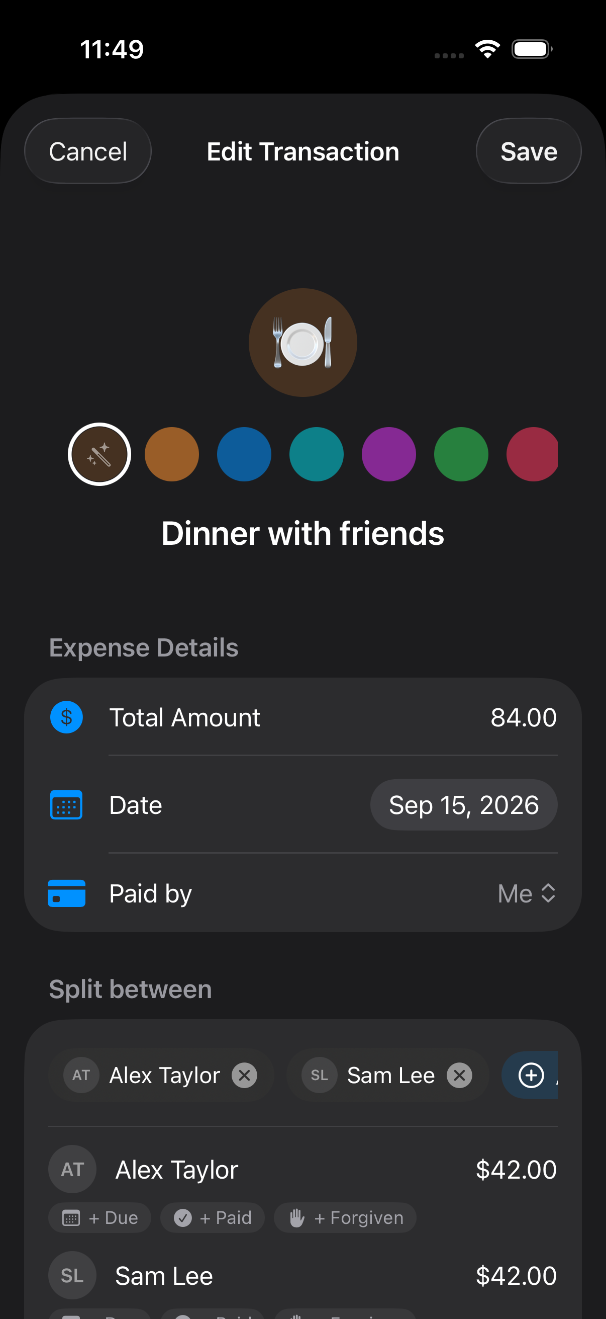 IOU expense editor showing Dinner with friends, an $84 total paid by Me, and shares for Alex Taylor and Sam Lee.