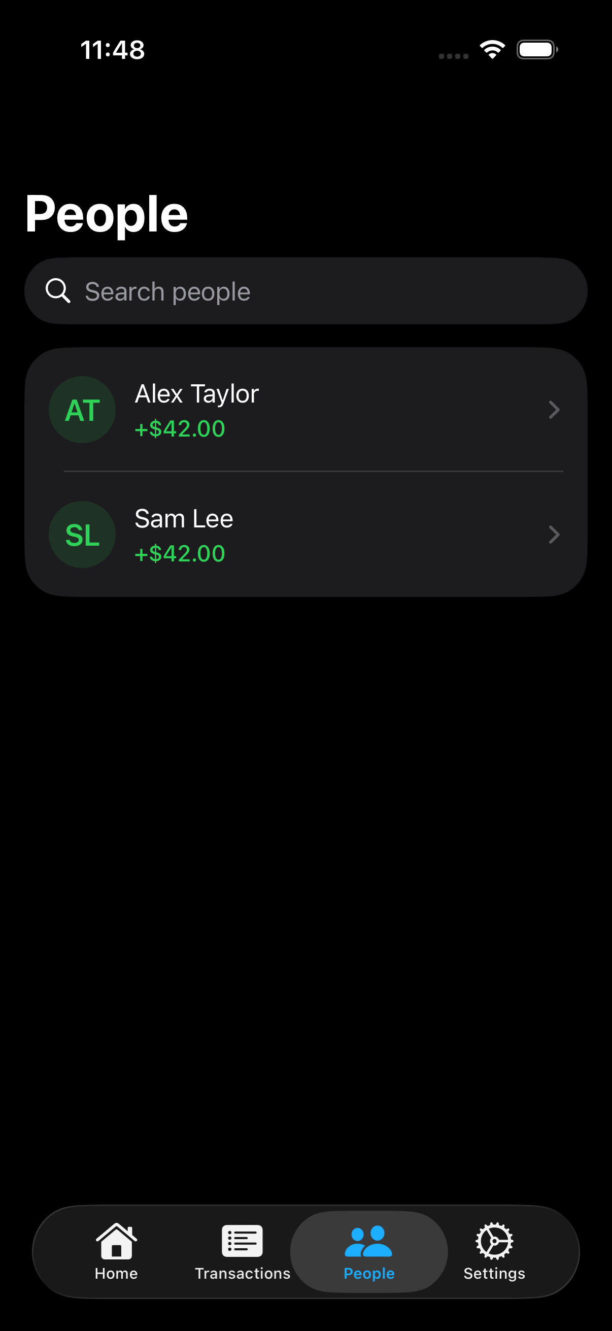 IOU People screen listing Alex Taylor and Sam Lee, each with a positive $42 balance.