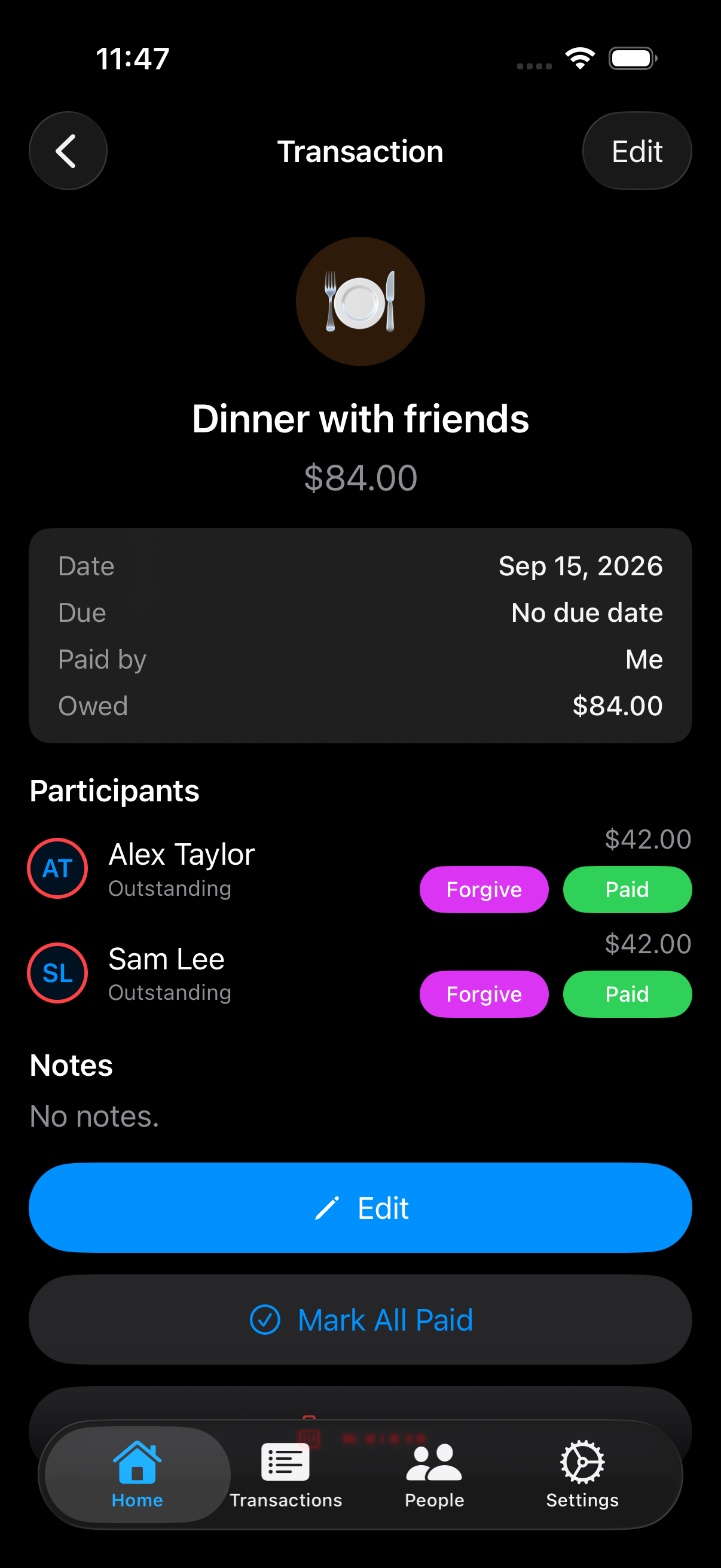 Saved Dinner with friends expense in IOU showing Alex Taylor and Sam Lee each owing $42, with payment and forgiveness controls.
